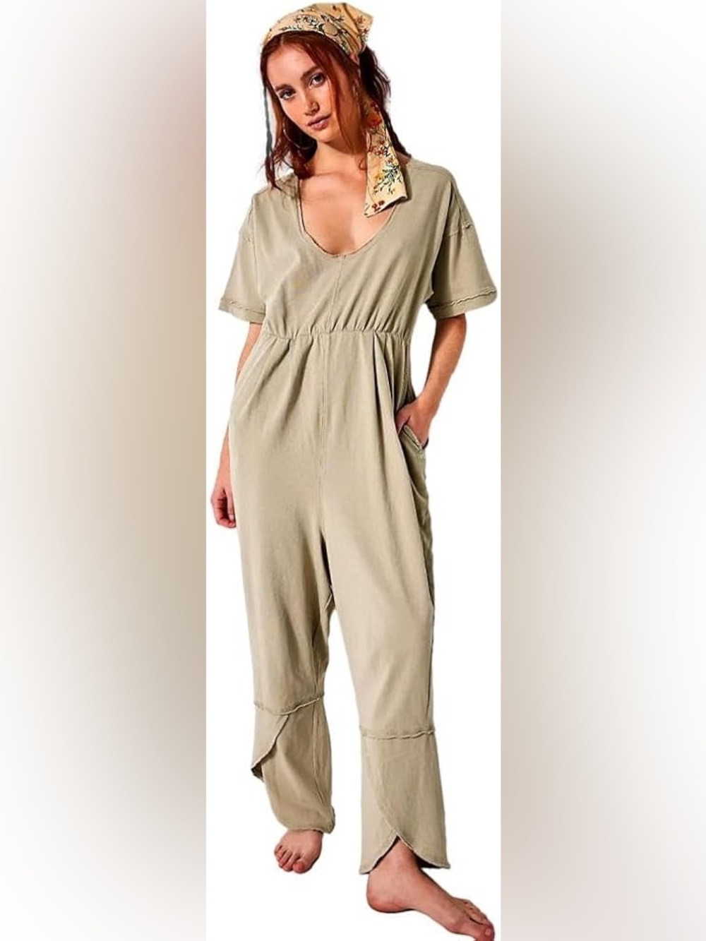 Free People Olive Green Casual Short Sleeve Jumpsuit